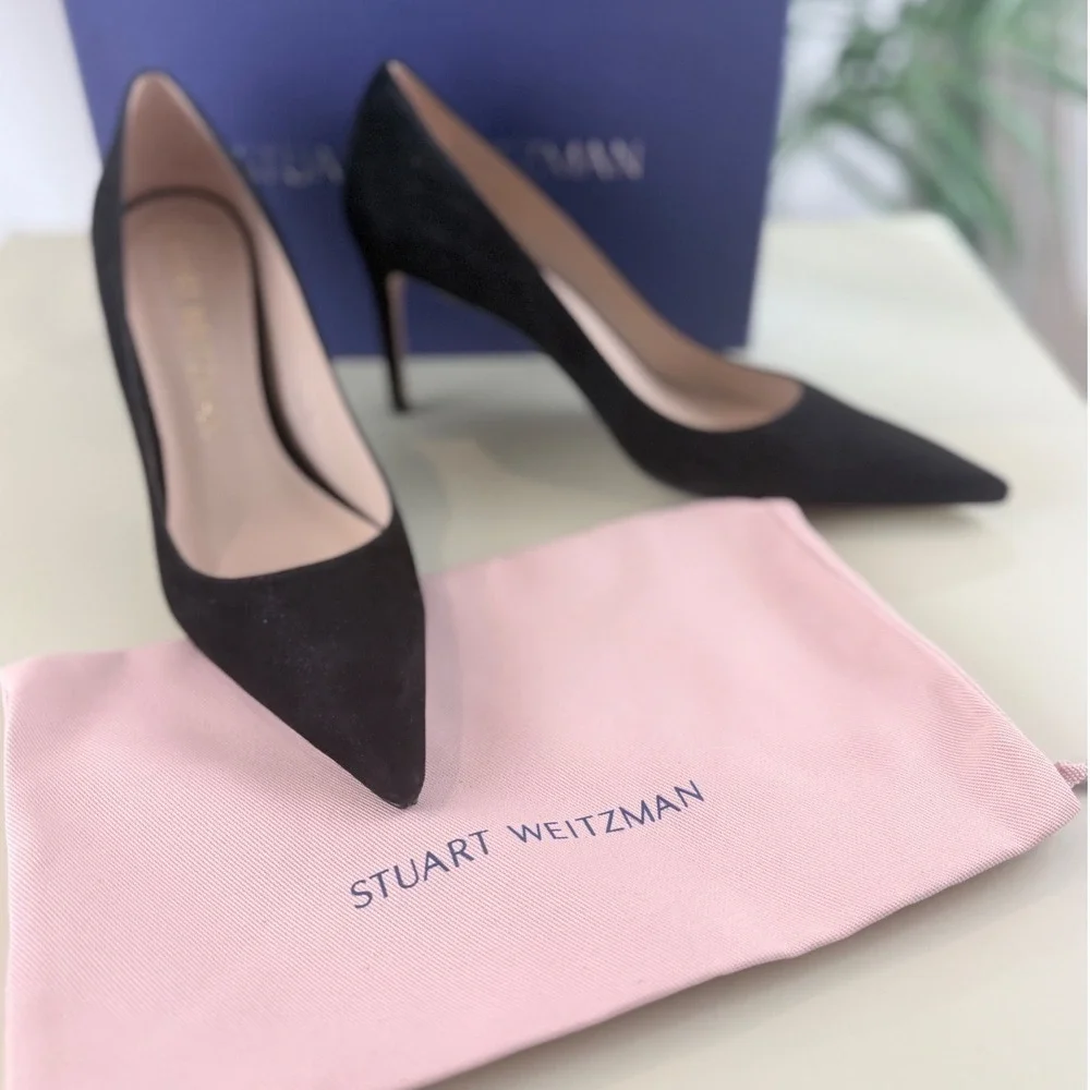 Stuart Weitzman Stuart 85 Pump Black Suede Pointed Toe Stiletto Heels 9.5AA 40